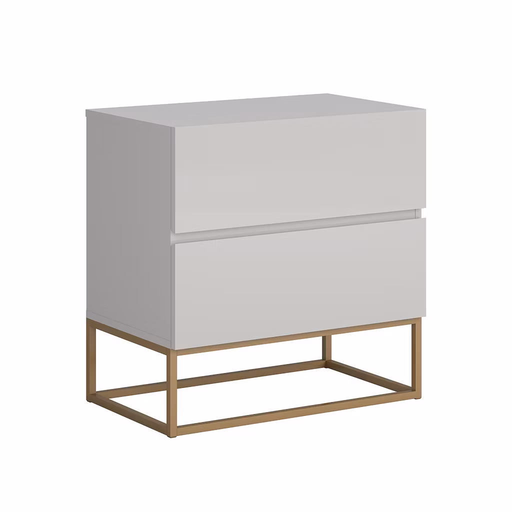 Produto 541- Mesa Cabeceira Eros 2 Gavetas estilo Industrial  Off White com Pés Dourado