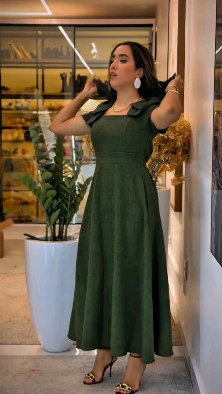 Vestido Feminino Duna Linho Midi com manga e laço no Ombro #ModaFeminina #elegante  #luxo #modesta #vestudoduna #vestudolinho #vestidomidi #evangélica