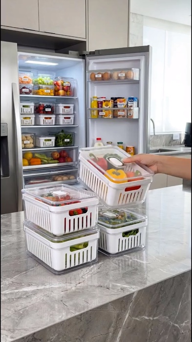 ￼Kit 4 Organizador de Geladeira 3,8 Litros Cesto ou 2,8 Com Tampa Multiuso Alimento Verdura e Vegetal#viral #shopee #promo #achados