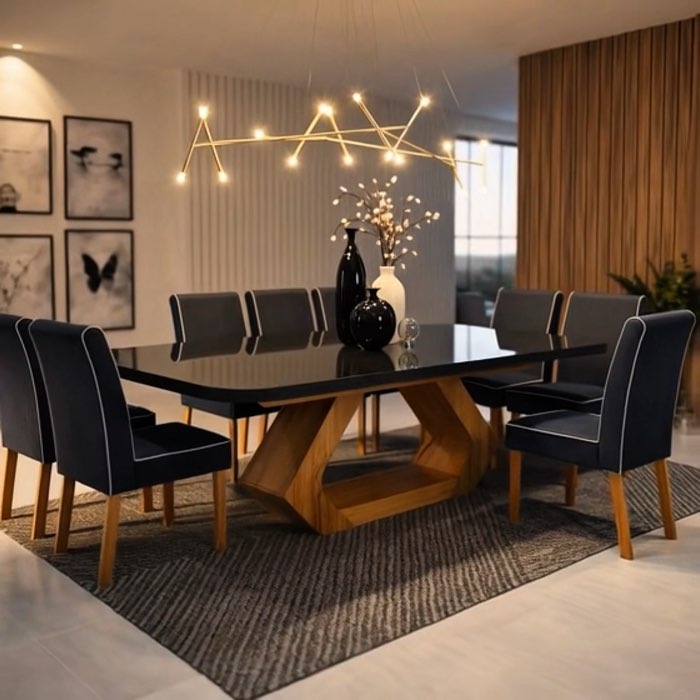 ￼Sala de Jantar 220x110 Lottus MDF/Vidro 8 Cadeiras Bom Pastor #saladejantar #mesadejantar #mesacomcadeiras #saladejantar8lugares #mesadejantar#fly