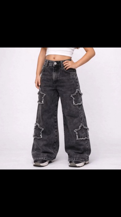 ￼Calça Jeans Juvenil Menina Wide Leg Destroyed Estrela Lateral de Primavera Cinza Marmorizado