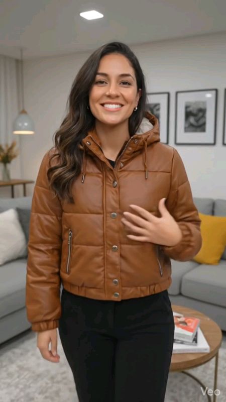 Jaqueta de Couro Puffer Feminina Peluciada com capuz. #jaquetapuffercouro #jaquetapufferfeminina #JaquetaPuffer #JaquetaFeminina #jaquetapeluciada