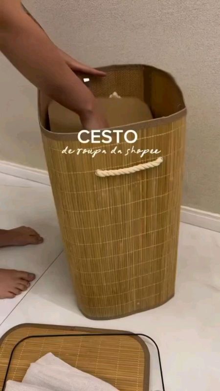 Cesto de roupa suja de bambu de 72 litros com tampa e alça, forro espesso, adequado para uso na sala de estar e no banhe#cesto #cestoderoupa #bambu