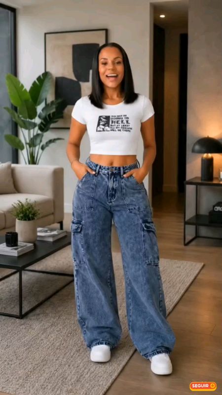 calça Wide Leg Jeans Feminina cargo #calçawideleg #calçajeans #calçafemina #calcacargo