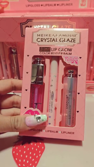 Kit 3 em 1 Lip Glow MEIKE GLAMOUR – Gloss Labial + Balm Hidratante + Lápis #glos #lapisdeboca #lipglow #lip #gloslabial