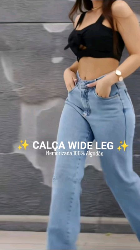 Calça jeans feminina Wide Leg Memorizada 100% Algodão #calcawide #jeans #jeansfeminina #wideleg #wide #calcajeans #moda #achados #Promo #shopee