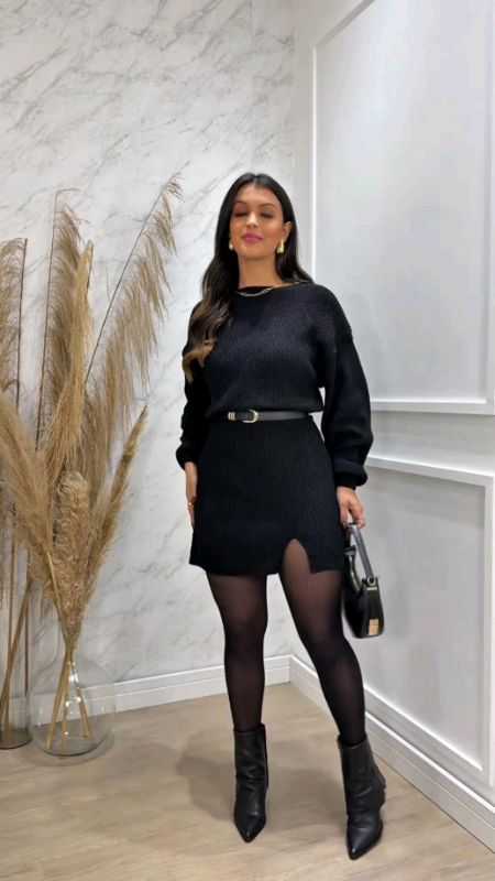 Vestido Feminino de Mousse, Tricot, Fendas Laterais, Elegante#vestido#feminino#mangaLonga#frio#inverno#elegante#trico#