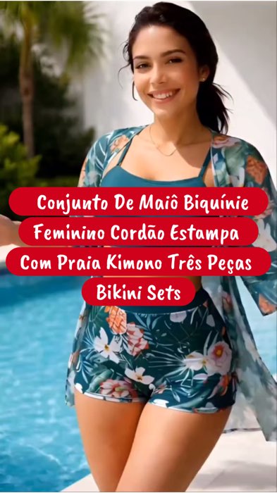 ￼Conjunto De Maiô Biquínie Feminino Cordão Estampa Com Praia Kimono Três Peças Bikini Sets