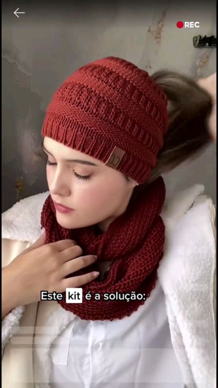 Kit conjunto touca rabo de cavalo + cachecol gola lã tricot elegante##ToucaRaboDeCavalo #CachecolFeminino #KitInverno #ToucaFeminina #modainverno