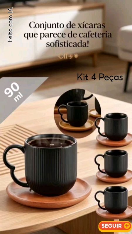 Conjunto Xícaras Café 90ml Cerâmica Preta Canelada e Pires de Bambu Kit 4 Peças#cantinhodocafe#xicaradecafe #mesaposta#decoracao#decasa#shopee #PUBLIC