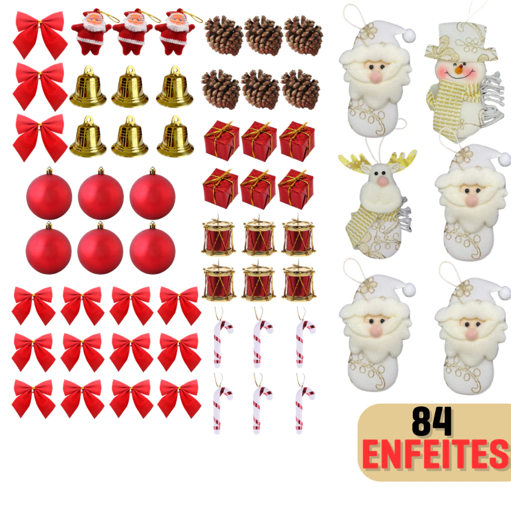 Kit 84 Enfeites Decoração Para Arvore De Natal Bolinha Tambor Papai Noel Laços Presente Bengala Sino Pendentes Natalina