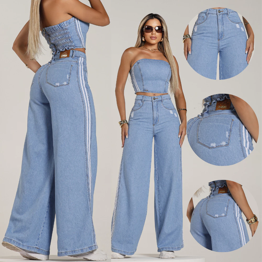 Calça Jeans Feminina Pantalona Feminina Listras Laterais