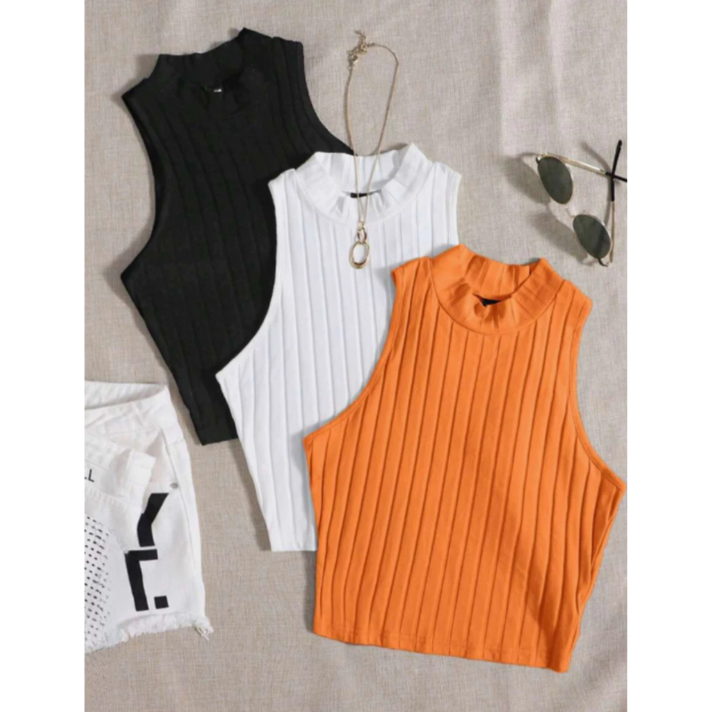 KIT 3 ou 1 Unidade Cropped Feminino Canelado Golinha Básica Moda Verão Diversas Cores Carnaval Praia