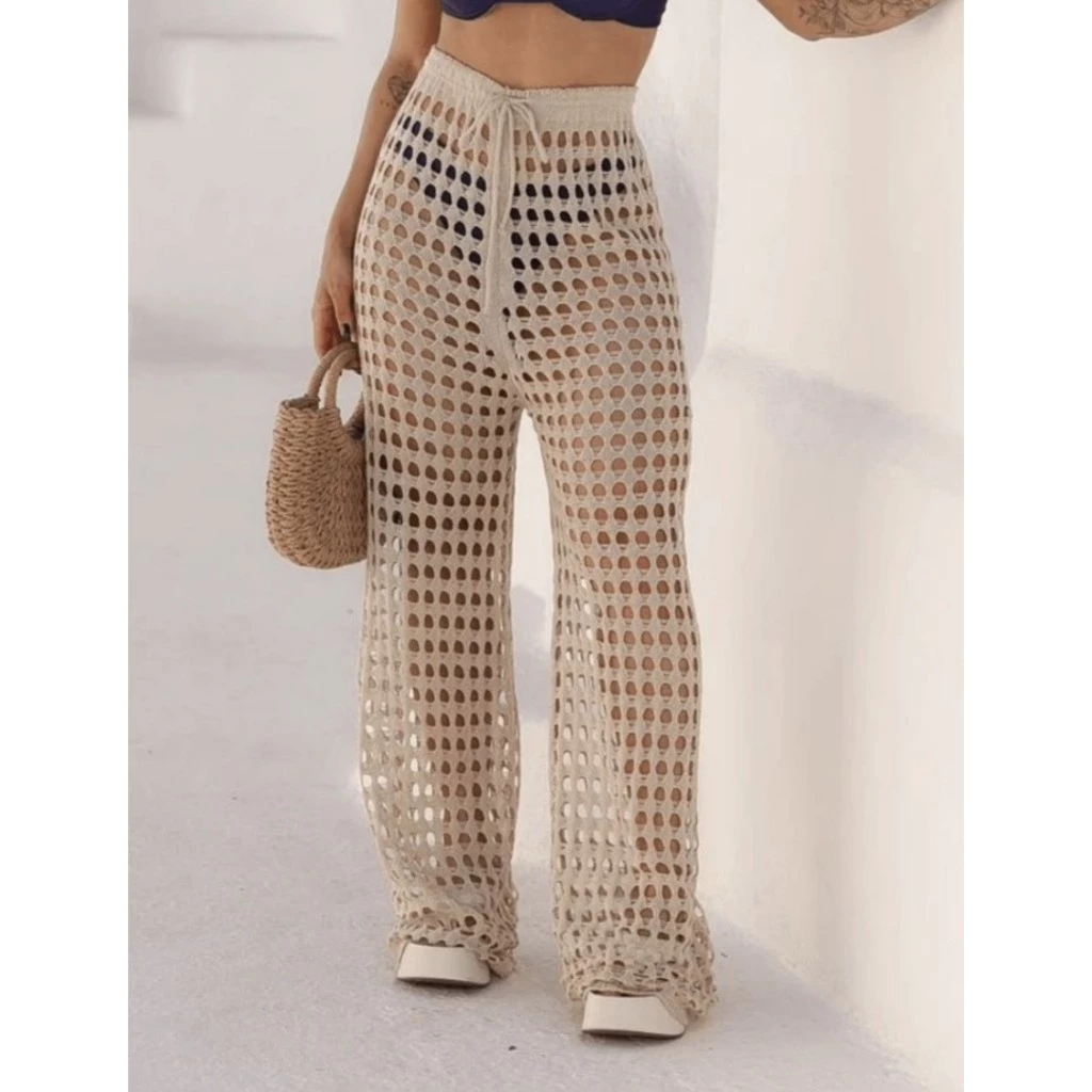Calça Saída de Praia e Piscina Tricô Ponto Crochê Moda Verão