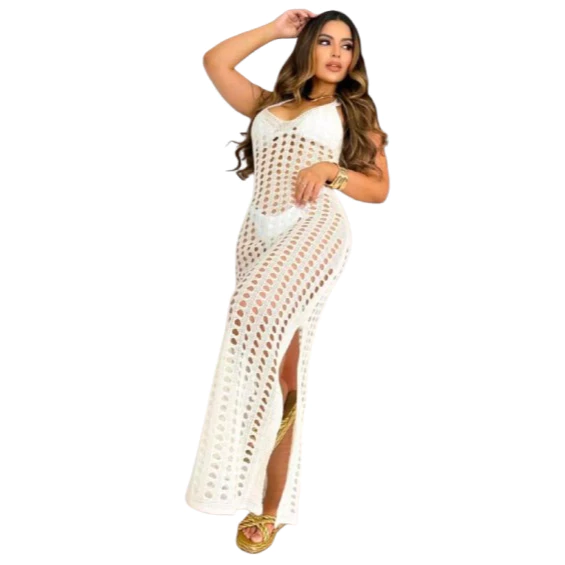 Saida Praia Longa Feminina Regata Vestido Elegante Fenda