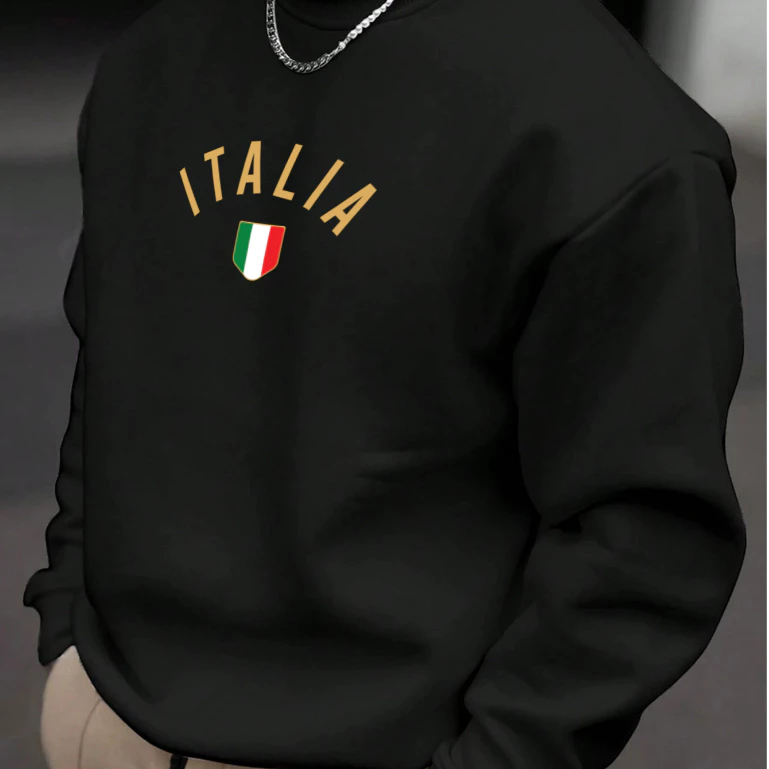 Casaco de Algodão Grosso Gola Redonda Blusa de Frio Estampa Itália Moletom Unissex