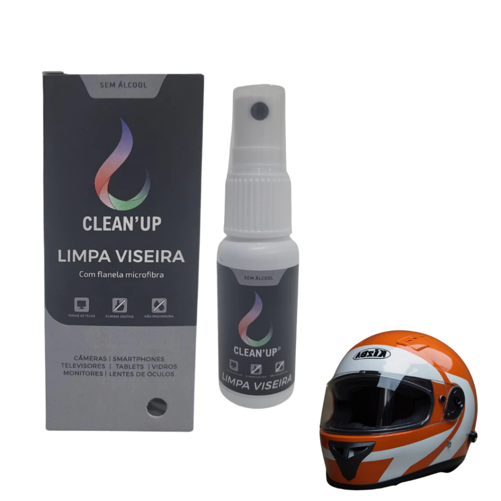 Kit Limpa Viseira Capacete Clean Up 25ml + Pano Microfibra para Limpeza