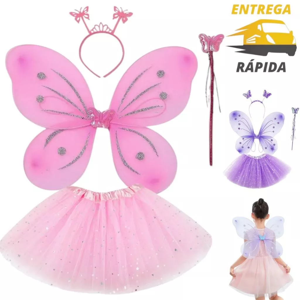 Fantasia De Fada Borboleta Asa Com Varinha, Tiara e Saia