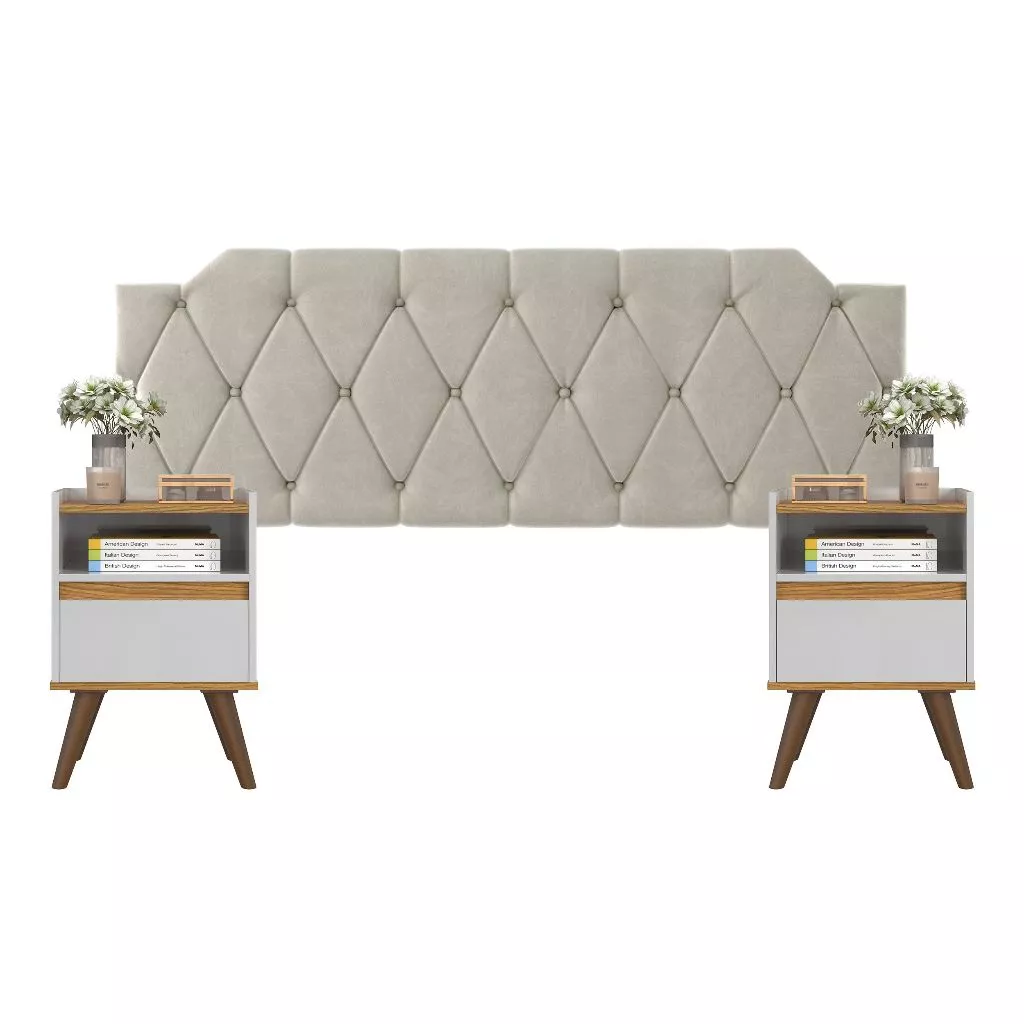 Conjunto Mesa De Cab Com Gaveta + Cabeceira Estofada Box Para Cama Queen KELLY E KIT TED BRA/FREIJÓ