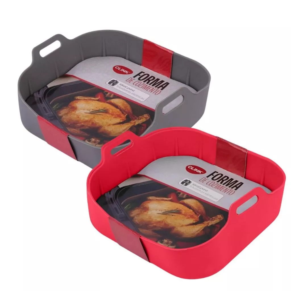 Kit Formas de Silicone Quadrada Antiaderente Air Fryer Forno Assadeira Fritadeira Elétrica Vermelha Cinza Clink 230°C
