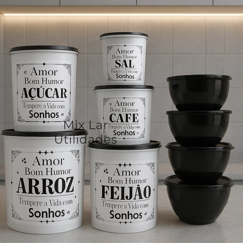 Kit potes de mantimentos cozinha com 9 peças de plástico decorado