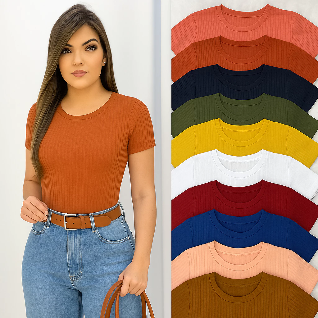 Kit 5 Blusas Femininas T-Shirt em Malha Canelada - Malha Quentinha