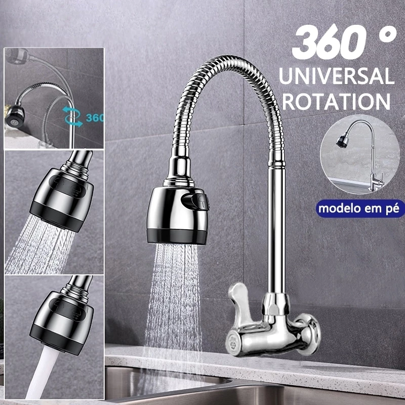 Torneira Inox Prata com Chuveiro e Rotação 360