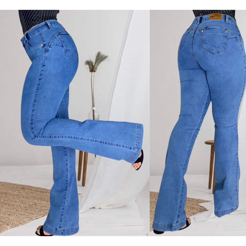 Calça Jeans Premium Flare Feminina com Lycra Cintura Alta Azul Clara