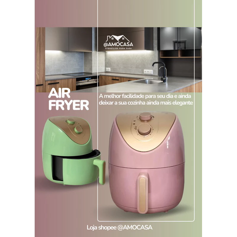 Air Fryer 127V ou 220V Rosa e verde 4L tomada | Sem Óleo | Alta Potência| Timer| Frete Grátis
