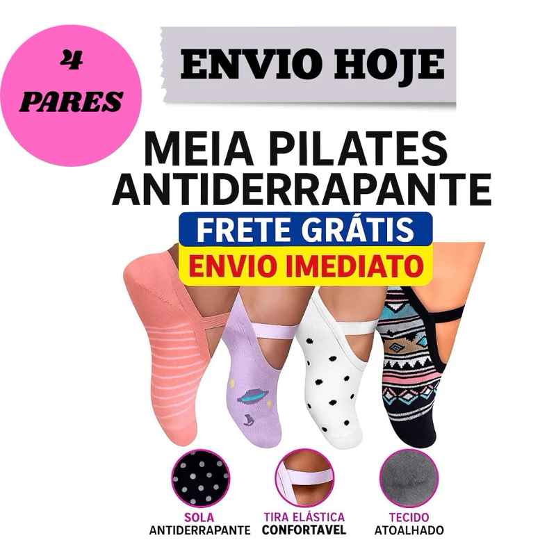 4 Pares Meias Antiderrapantes Pilates Yoga e Hidroginástica Feminina - Kit 4 Pares + Frete Grátis"