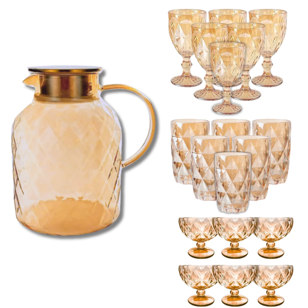 KIT COMPLETO Jarra Diamond 1.5L 6 Taças 320ML 6 Copos 390ML 6 Taças de sobremesa Presente casamento