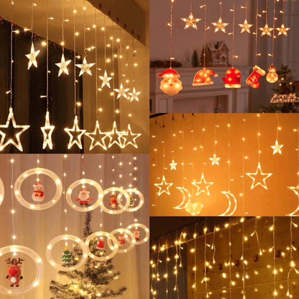 Decoração de Natal :3M Luzes de Cortina 110V-220V com Estrelas, Anéis e Cristais – Ideal para Árvore, Festas e Reuniões