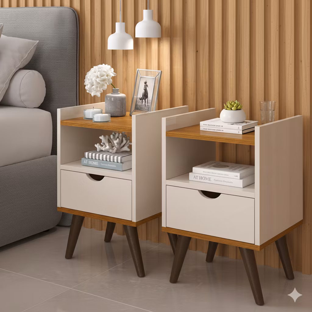 2 UN OU 1UN Mesa de Cabeceira Lateral de Cama com Gaveta Pés Com Puxador Usinado e Prateleira