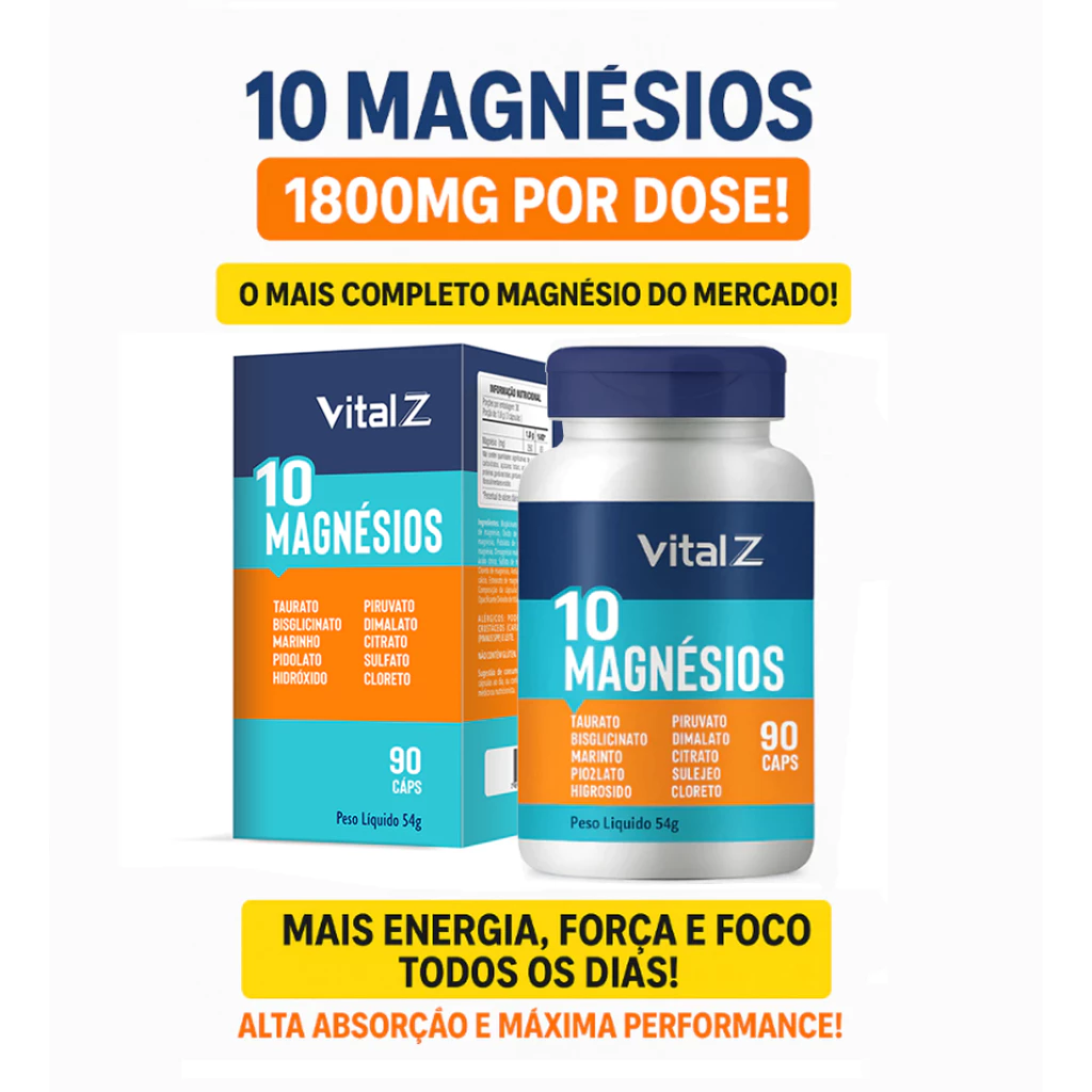 10 Magnésios 10 em 1 | 1800mg por dose |  Máxima Absorção | 90 Cápsulas | Vital Z