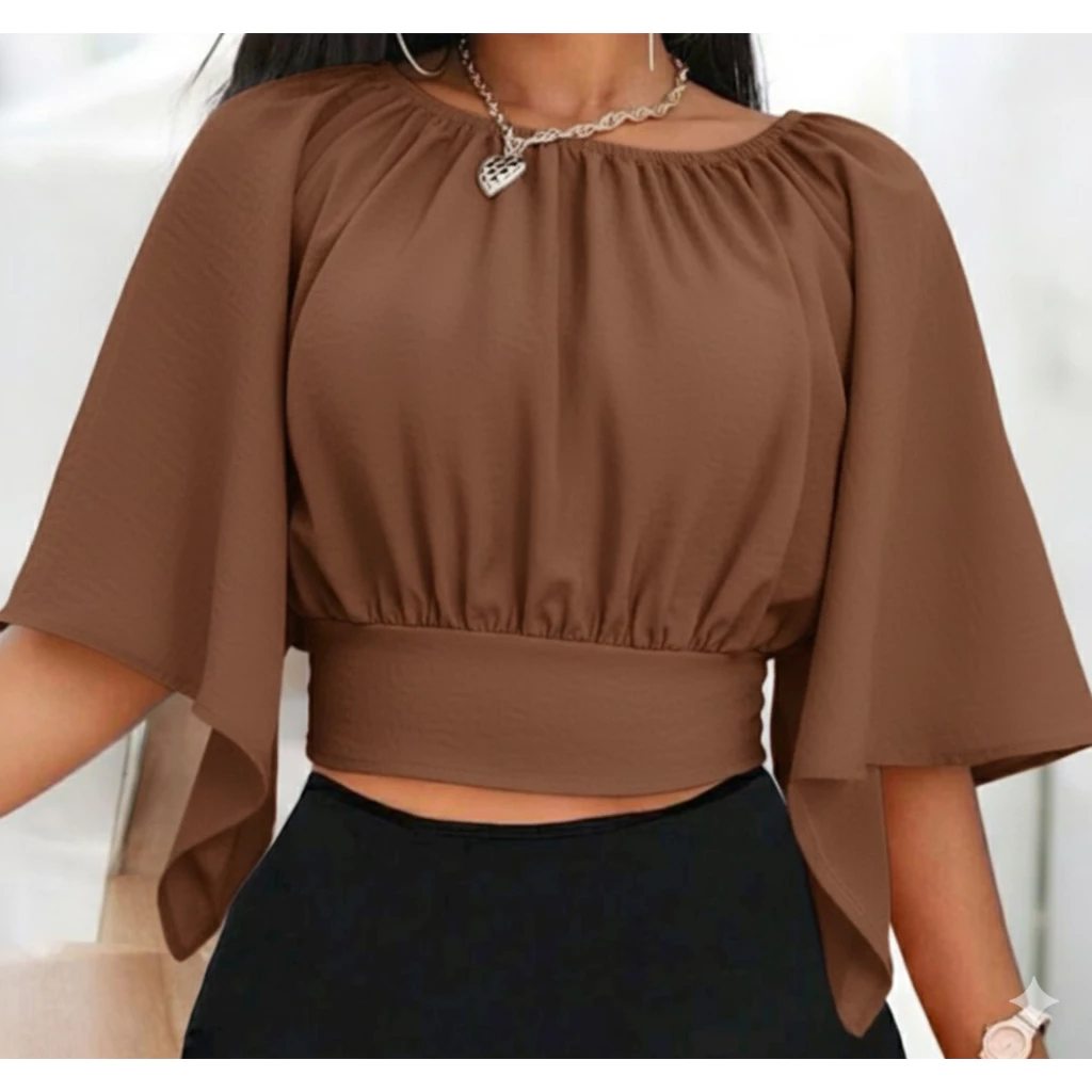 Blusa Feminina Elegante Manga Morcego Tamanho único veste do G AO G1, Decote Redondo e Cintura Marcada – Tamanho Único