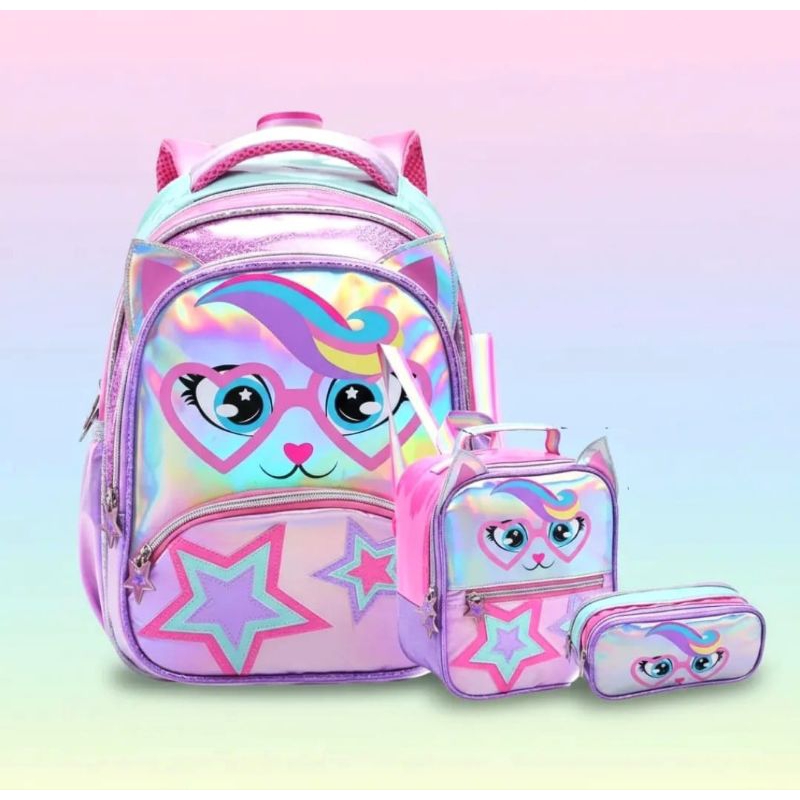 Kit Mochila com Lancheira e Estojo Infantil Feminina Denlex/ Mochila Holográfica/ Mochila para Menina/ Mochila Infantil