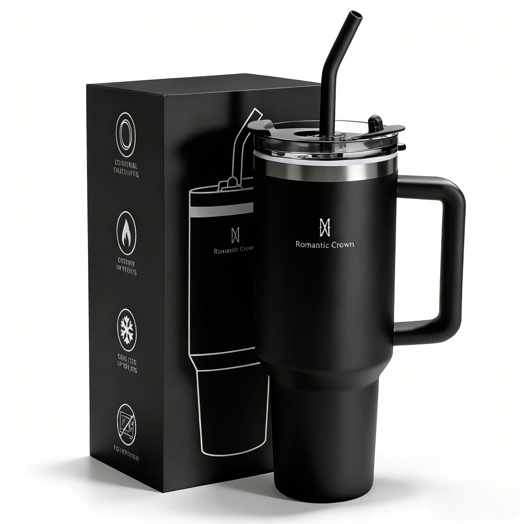 ROMANTIC CROWN Copo Térmico Inox Portátil 1200ml/600ml com Tampa e Canudo Garrafa Térmica Inoxidável