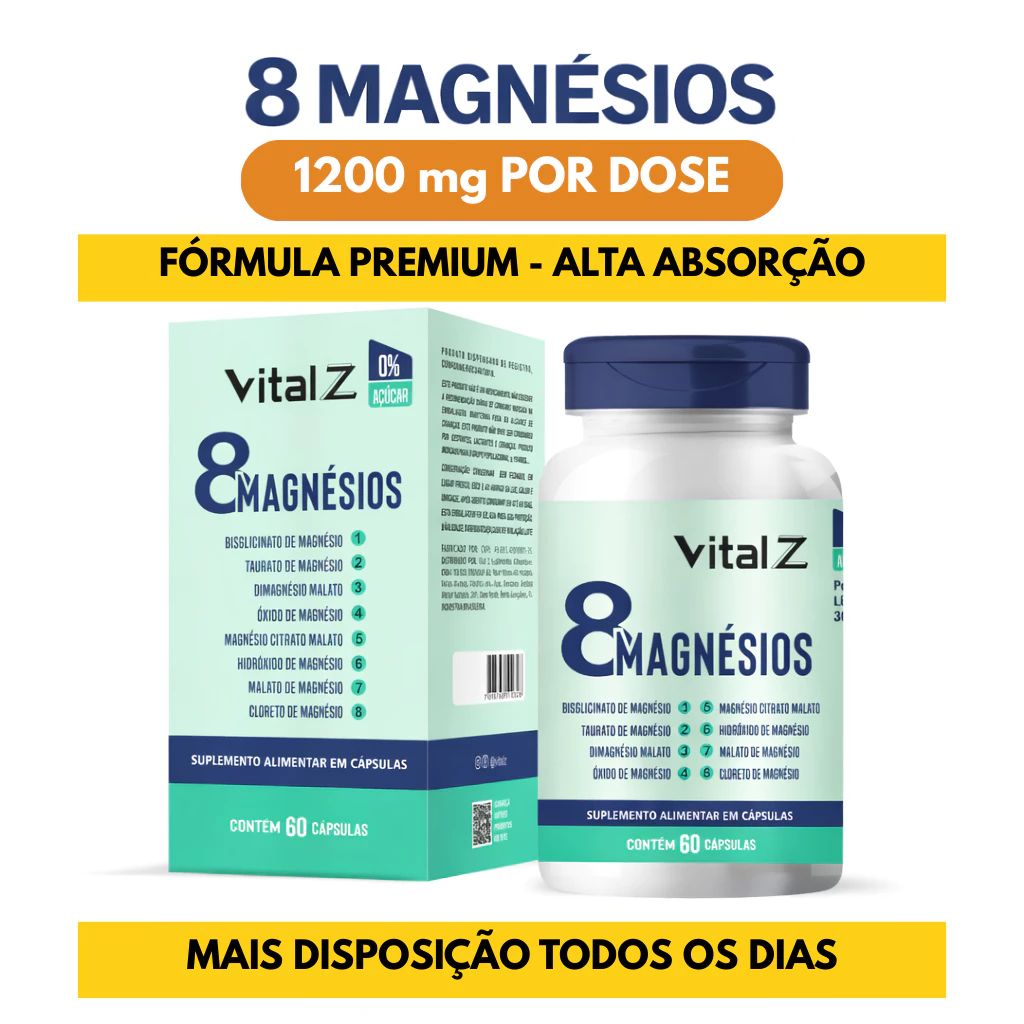 8 Magnésios 8 EM 1 | Fórmula Premium | Vital Z | 60 Cápsulas | Envio Imediato
