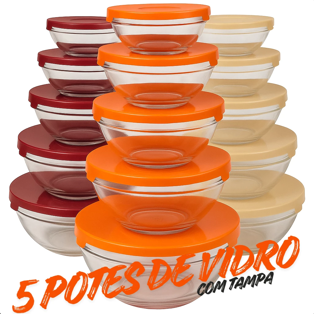 Kit com 5 Potes de Vidro tigela com Tampa –135 ml, 200 ml, 400 ml, 550 ml, 1000 ml|alimentos