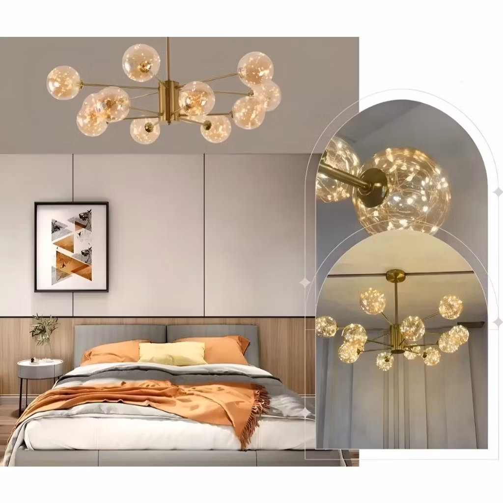 Lustre Sputnik 12 Globos Com Fio de Fada Dourado Bivolt