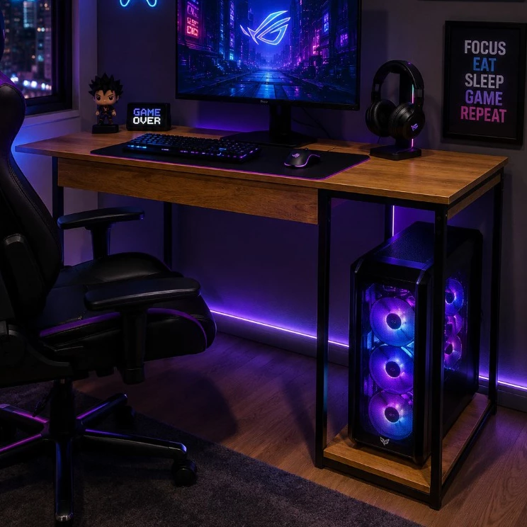 Mesa gamer com suporte para CPU e prateleira lateral