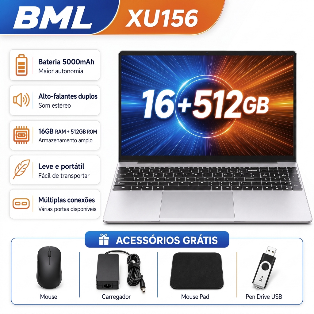 Notebook Gamer 15,6" HD 1080 N156 Intel Celeron 12GB RAM 512GB SSD Windows 10 5G LTE Wi-Fi Notebook-Full HD IPS Lumina