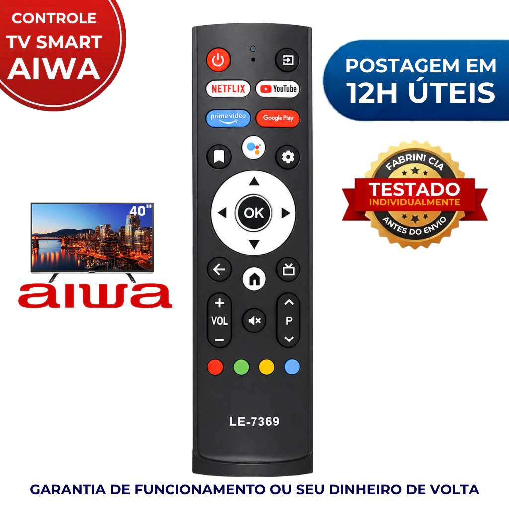Controle Compatível com TV AIWA Smart AWS-TV-32-BL-02-A / AWS-TV-43-BL-02-A / AWS-TV-50-BL-02-A79 · Envio Rápido 7369