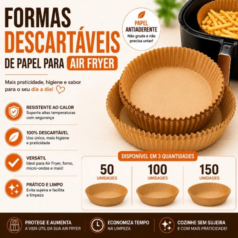 Forma De Papel Air Fryer Descartável Antiaderente Forro – Não Suja · Forma Air Fryer 50 100 150 Unidades