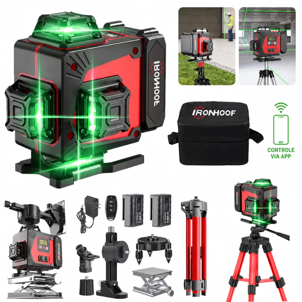 Nivel A Laser Profissional 16 Linhas/2 Linhas Com Tripé Verde 4D 2 Baterias