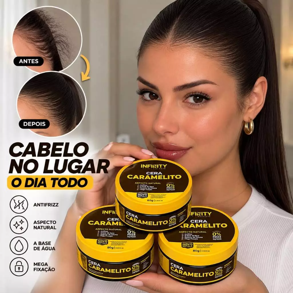 Kit 3x Cera Caramelito Infinity 80g Pomada Modeladora Feminina Antifrizz para Penteados Baby Hair Mega Fixação