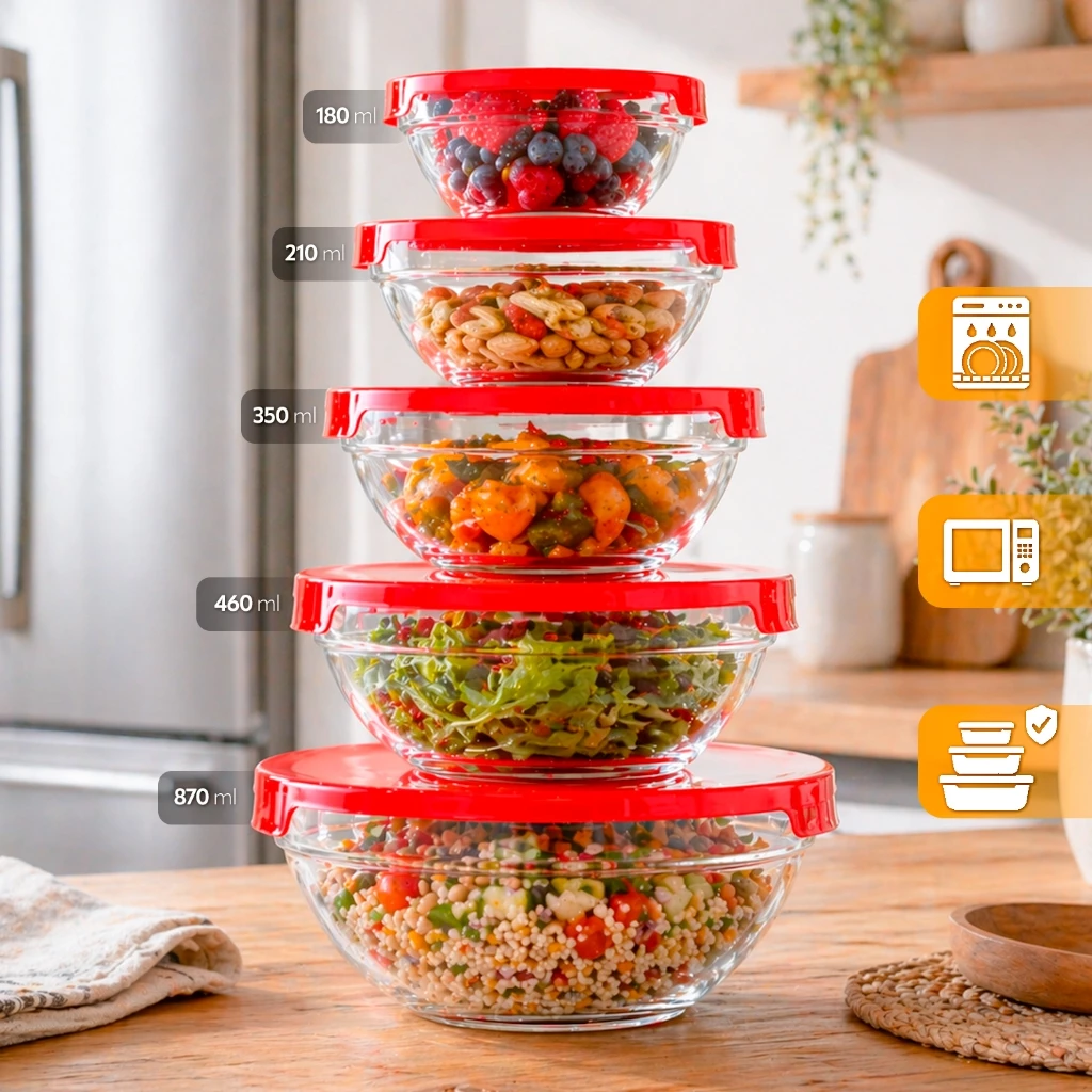 Kit 5 tigelas de vidro com tampas · opções de cores