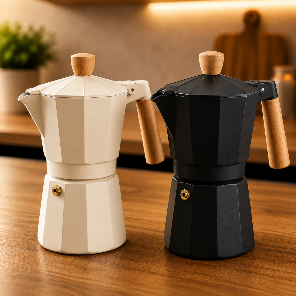 Cafeteira Italiana Moka 6 Xícaras 300ml Alumínio Café Expresso de Fogão Creme Preta