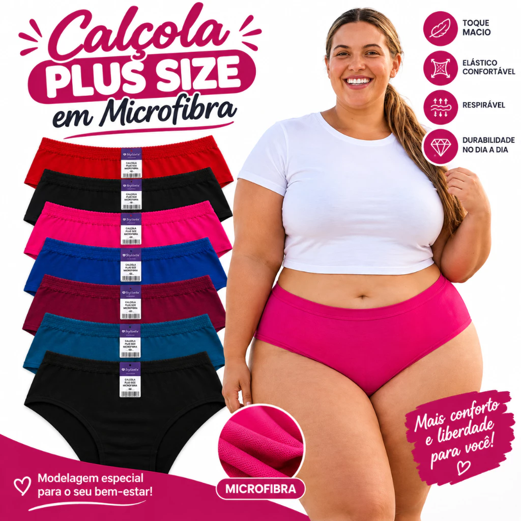 Kit 5 e 10 Calçolas Plus Size em Microfibra com Forro 100% Algodão cintura alta e cos largo lingerie feminina lisa