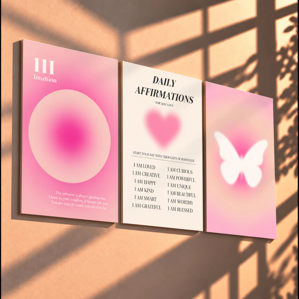 Quadros decorativos Angel Number Rosa Para Sala Quarto Hall (3 peças)